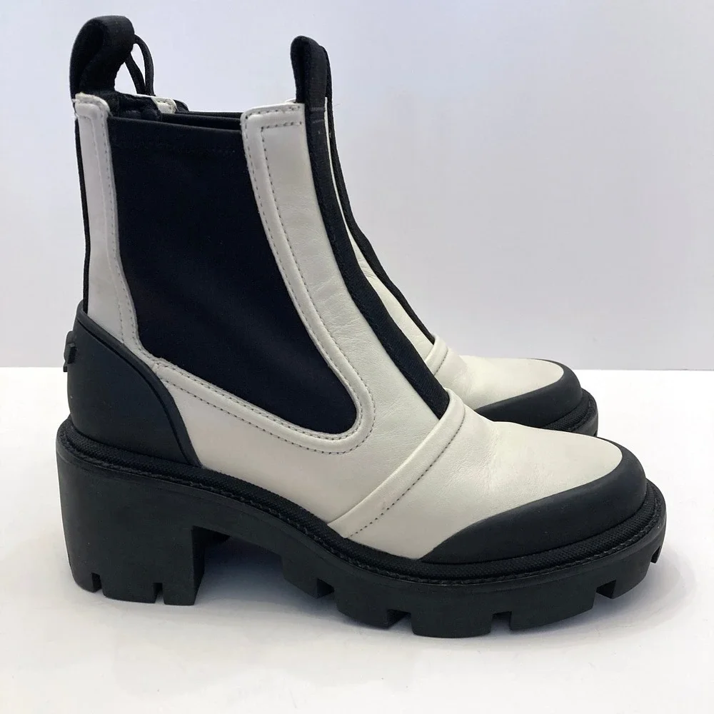 Tory Burch Lug Sole Chelsea Boots White Black Leather Womens‎ 5 $428